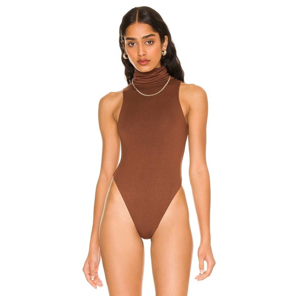 RE ONA WOMEN'S TURLENECK SLEEVELESS BODYSUIT CHOCOLATE BROWN - Picture 3 of 7